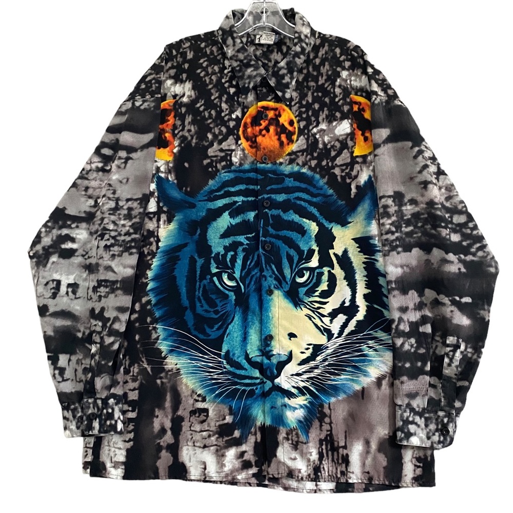 Vintage Trust Tiger Shirt Men's XXL 2XL Black Gray Long Sleeve Button 90s Y2K